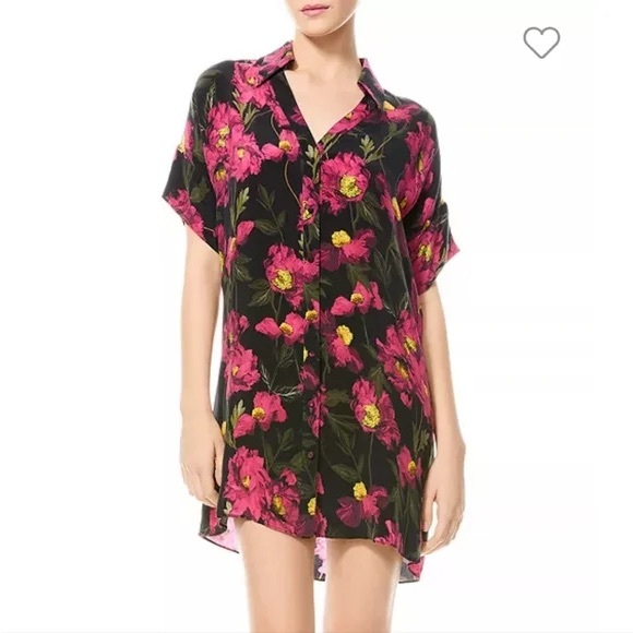 Alice + Olivia Lucette Poppy Pink & Black Floral Short Sleeve Shift Shirt Dress - Picture 1 of 6